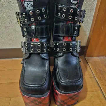 YOSUKE 요스케 빨간색 체크 통굽 부츠 Y2K 지뢰계