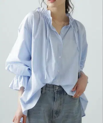 [ 미사용 새상품 ] 프리즈마트 블라우스 프릴 셔츠 스트라이프 블루