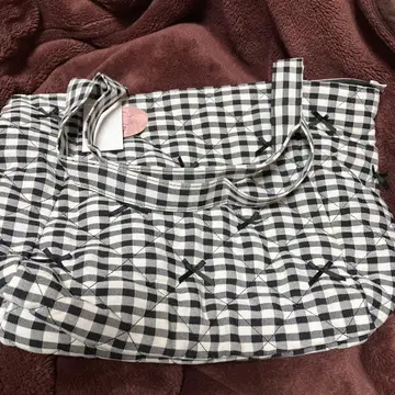 아오키 미사코 시마무라 AM 리본 퀼트 체크 토트백 블랙 미사용 새상품