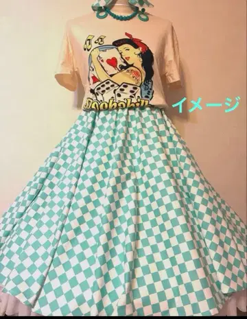 체커 블랙 체크 패턴 로카빌리 민트 그린 전체 원 서큘러 스커트