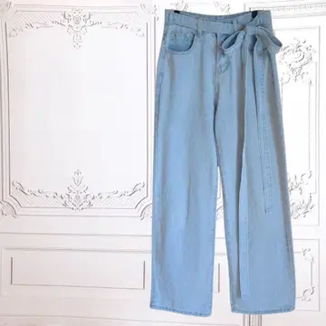 데님 청바지 와이드 배기 팬츠 [ F ] 라이트 블루 하이웨스트 리본
