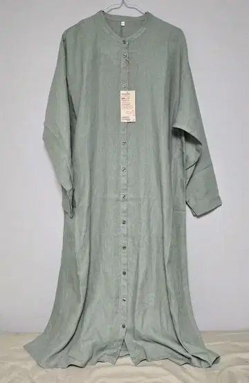 무인양품 린넨 워싱 긴팔 셔츠 원피스 여성/스모키 그린/L 사이즈