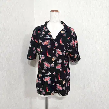 PAGEBOY 알로하 셔츠 야자수 하와이풍 올 패턴 반팔 블랙 레이온