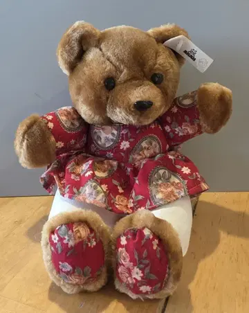 AKAH사 제조 테디베어 봉제 인형 독일제 꽃무늬 드레스 곰 레트로