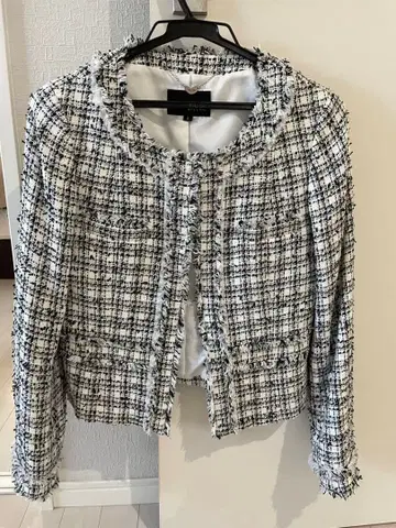 입학식 프린지 트위드 자켓 S 사이즈 화이트 블랙 체크