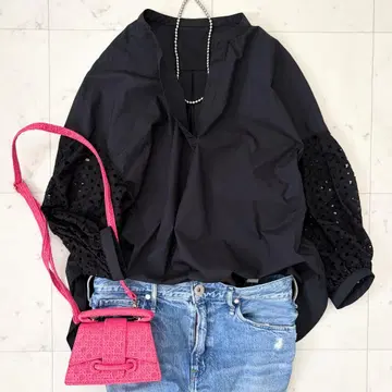 새상품급 아나이 소매 레이스 스키퍼 블라우스 S 블랙