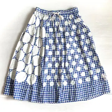 새상품급 카이세이도 린넨 100% 도트 프린트 플레어 스커트 일본제