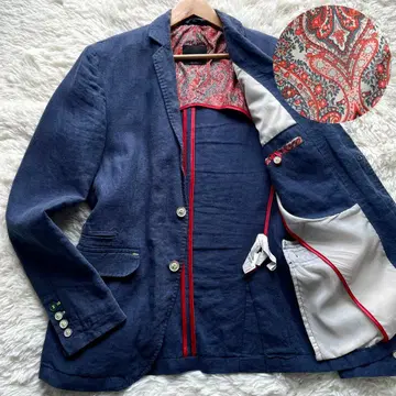 새상품급 자라 테일러드 자켓 페이즐리 무늬 린넨 100% 파랑 L