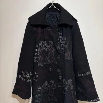 [레어 디자인] 빈티지풍 피코트 여성 영문 프린트 더블 M 블랙