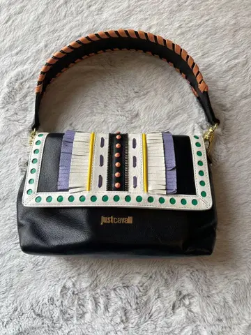 저스트 카발리 가죽 핸드백 소가죽 블랙 스터드 프린지