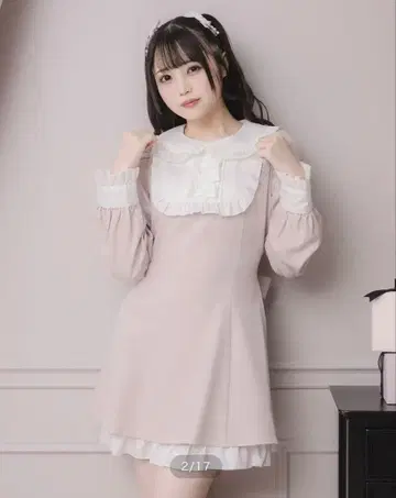 Pium 스퀘어 프릴 리본 도리 원피스 핑크