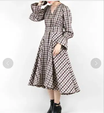 란다 체크 무늬 롱 셔츠 원피스