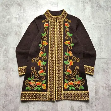 [ 꽃무늬 민족 패턴 ] 자수 가디건 브라운 보헤미안 캐시미르풍 니트