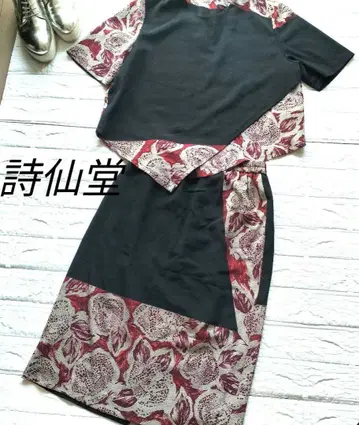 [시선당] [시센도] [치리멘풍] 그레이와 빨간색 꽃무늬 스커트 셋업