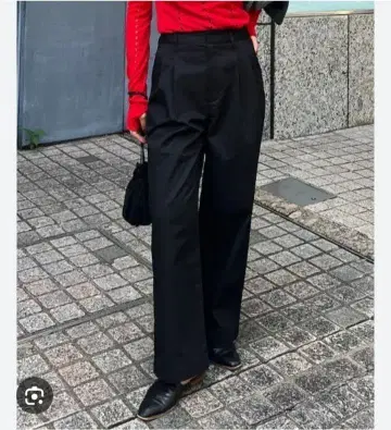 1chaku. 와이드 투 턱 스트레이트 팬츠 치노 팬츠 블랙 S