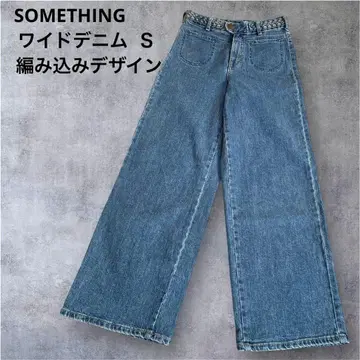 SOMETHING 와이드 데님 S 뜨개질 허리 슬림 레그 블루