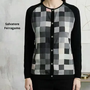 페라가모 실크 울 니트 가디건 블록 체크 패턴 이소재