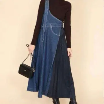 SCOT CLUB 스콧 클럽 원 숄더 데님 롱 스커트 플리츠