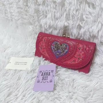 ANNA SUI 가마구치 장지갑 나비 자수 스터드 하트 핑크