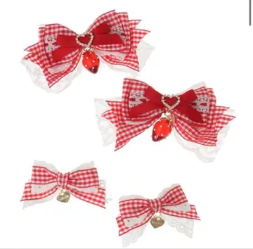 리즈리사 스트로베리 체크 4개 세트 클립 헤어 클립 빨간색 레드