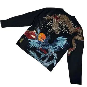 카라쿠리타마시 이키 일본풍 패턴 긴팔T셔츠 용X봉황 자수 카라쿠리타마시