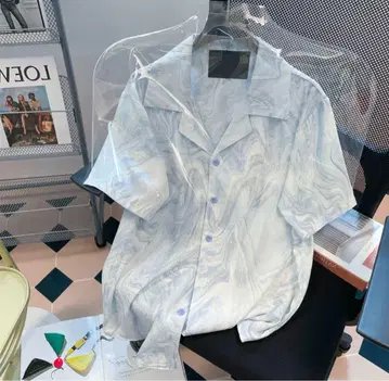 마블 패턴 오픈 카라 반팔 셔츠 라이트 블루