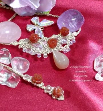 오렌지 문스톤, 카넬리안, 로즈쿼츠 등 마크라메 목걸이