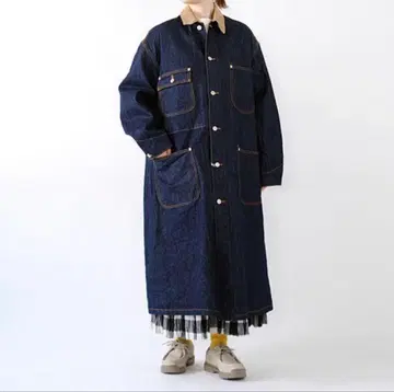 다크 네이비 orslow 루즈핏 데님 코트 옷깃 코듀로이