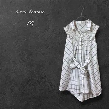 [엑시즈팜] 튜닉 블라우스 슬리브리스 체크 레이스 리본 M