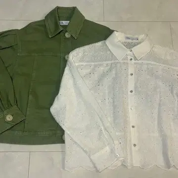 ZARA 올리브 그린 데님 자켓 화이트 레이스 셔츠