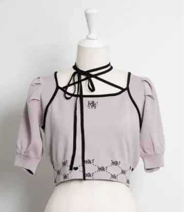 pium 모노그램 테이프 반팔 니트 핑크