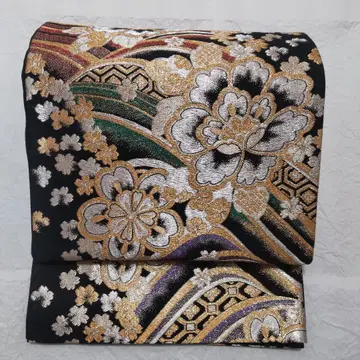 순수 실크 거친 파도 벚꽃 모란 직조 후쿠로 오비 (265)