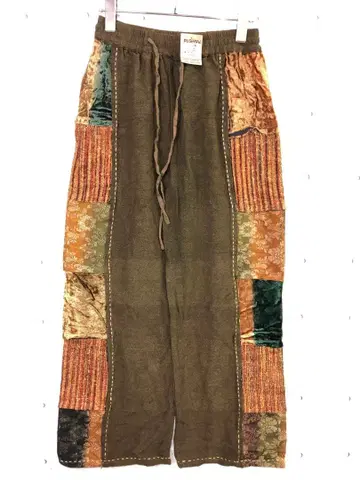 민족 미사용 PUSHKAL 실크 혼방 패치워크 절개 와이드 팬츠