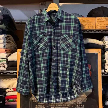 90s vintage 프린트 플란넬 셔츠 프리넬 레귤러 카라 짙은 녹색