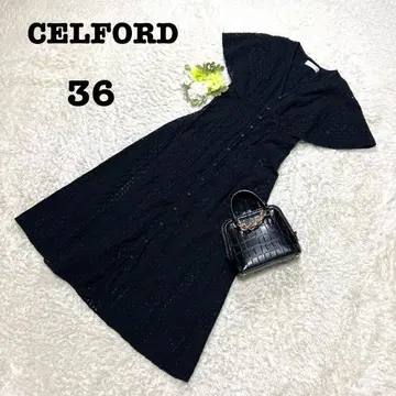 셀포드 롱 원피스 컷워크 A라인 빅칼라 블랙