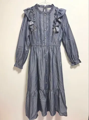 엑시즈팜 프릴 리본 데님풍 롱 원피스 인디고 M