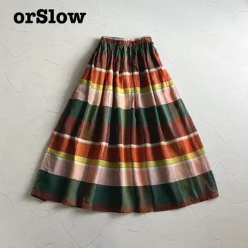 컨디션 최상 오어슬로우 빔즈 보이 면린넨 체크 개더 스커트 린넨