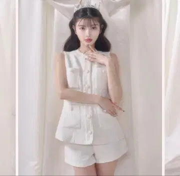 darich 썸머 트위드 슬리브리스 자켓 & 숏팬츠 셋업