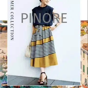 피노레 바캉스 보더 타프타 스커트 36 PINORE 리본 플레어