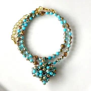 비즈 목걸이 2way 큰 하트 목걸이 터콰이즈 블루 골드
