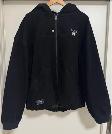 SATUR 벨벳 데님 패디드 후드 집업 블루종