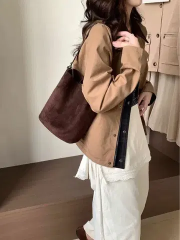 천연 가죽 스웨이드 토트백 버킷백