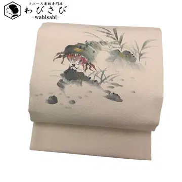 나고야 오비 손그림 집게발 크레이프 원단 옅은 향기색 금채 O-2479