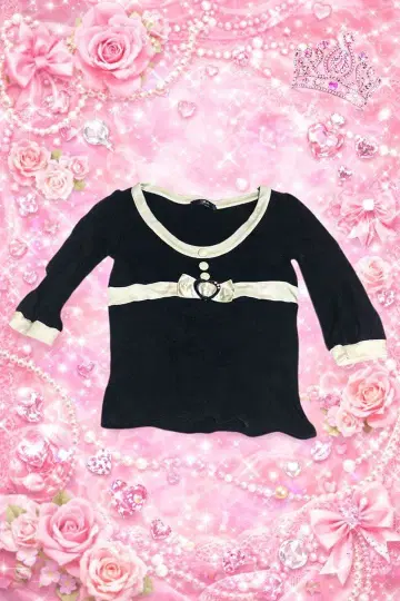 공주 갸루 리본 하트 디자인 7부 소매 상의 블랙 x 화이트 Y2K