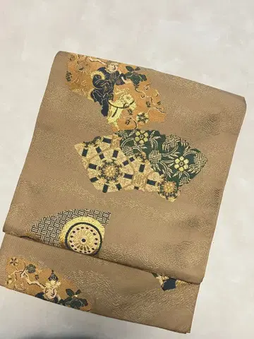 순수 실크 교토 후쿠로 오비 베이지 부채 문양 기하학 패턴 앤티크