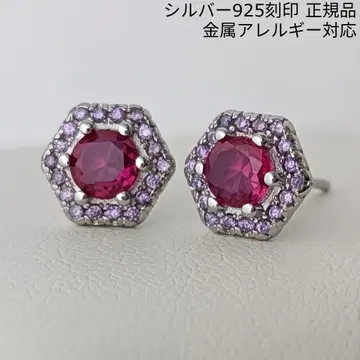 클래식 루비와 자수정 파베 스터드 귀걸이 실버 925 육각형