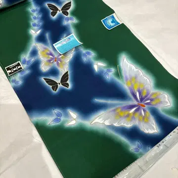 나비 무늬 녹청색 유카타 옷감