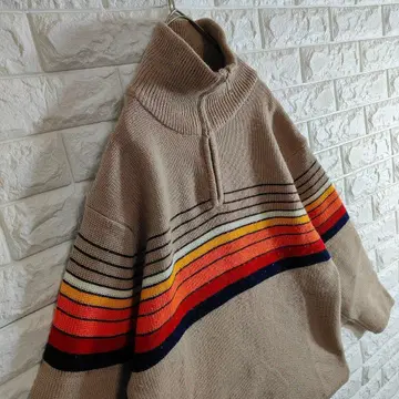 80s 70s 레트로 보더 하프 지퍼 니트 스웨터 L 베이지