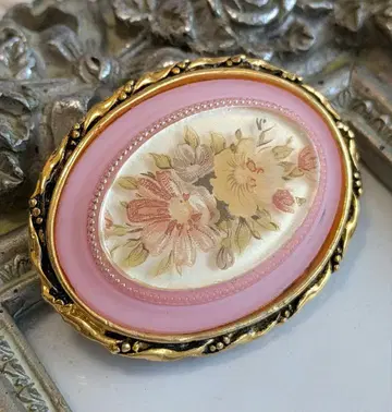 핑크 아네모네 패턴 플라워 오벌 브로치 GERMANY제 플라스틱