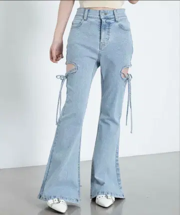 WEGO 컷 아웃 리본 스트레치 플레어 데님 팬츠